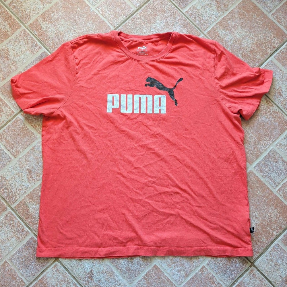 Puma Graphic T-Shirt Mens XXL Coral Red Short Sleeve Big Logo Cotton Tee
